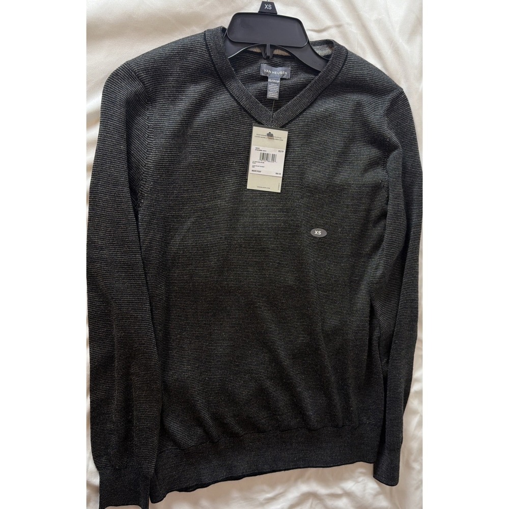 Van Heusen V Neck Pullover Long Sleeve Sweater Mens XS NWT Black/Gray Merino - Picture 9 of 9